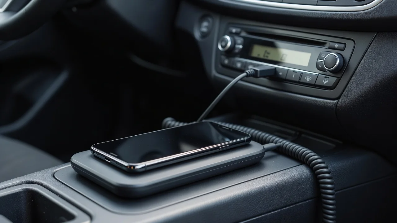 Telefon na tackce i kabel USB przy radiu samochodowym, Android Auto