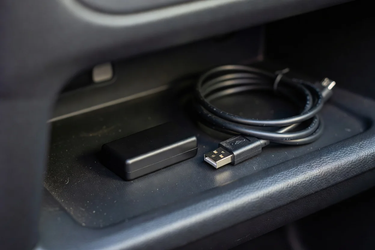 Adapter Android Auto i zapasowy kabel USB w schowku samochodu