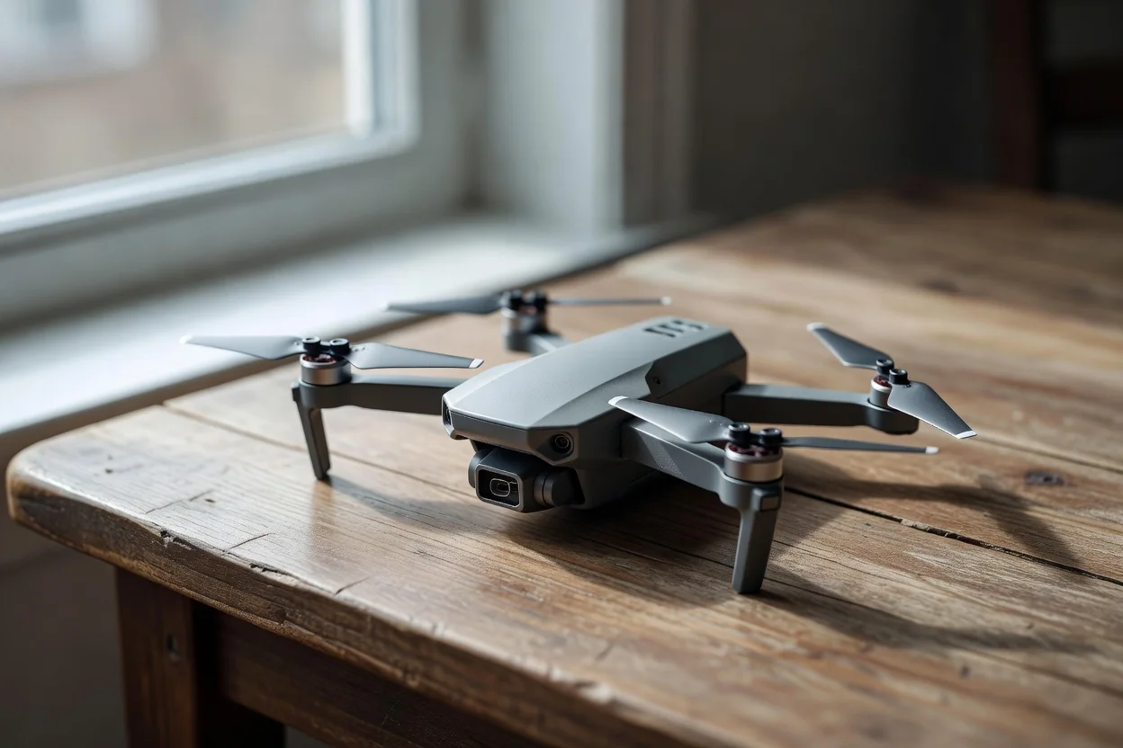 Młody mężczyzna w kurtce stoi na polu i steruje białym dronem DJI Neo unoszącym się nad trawą