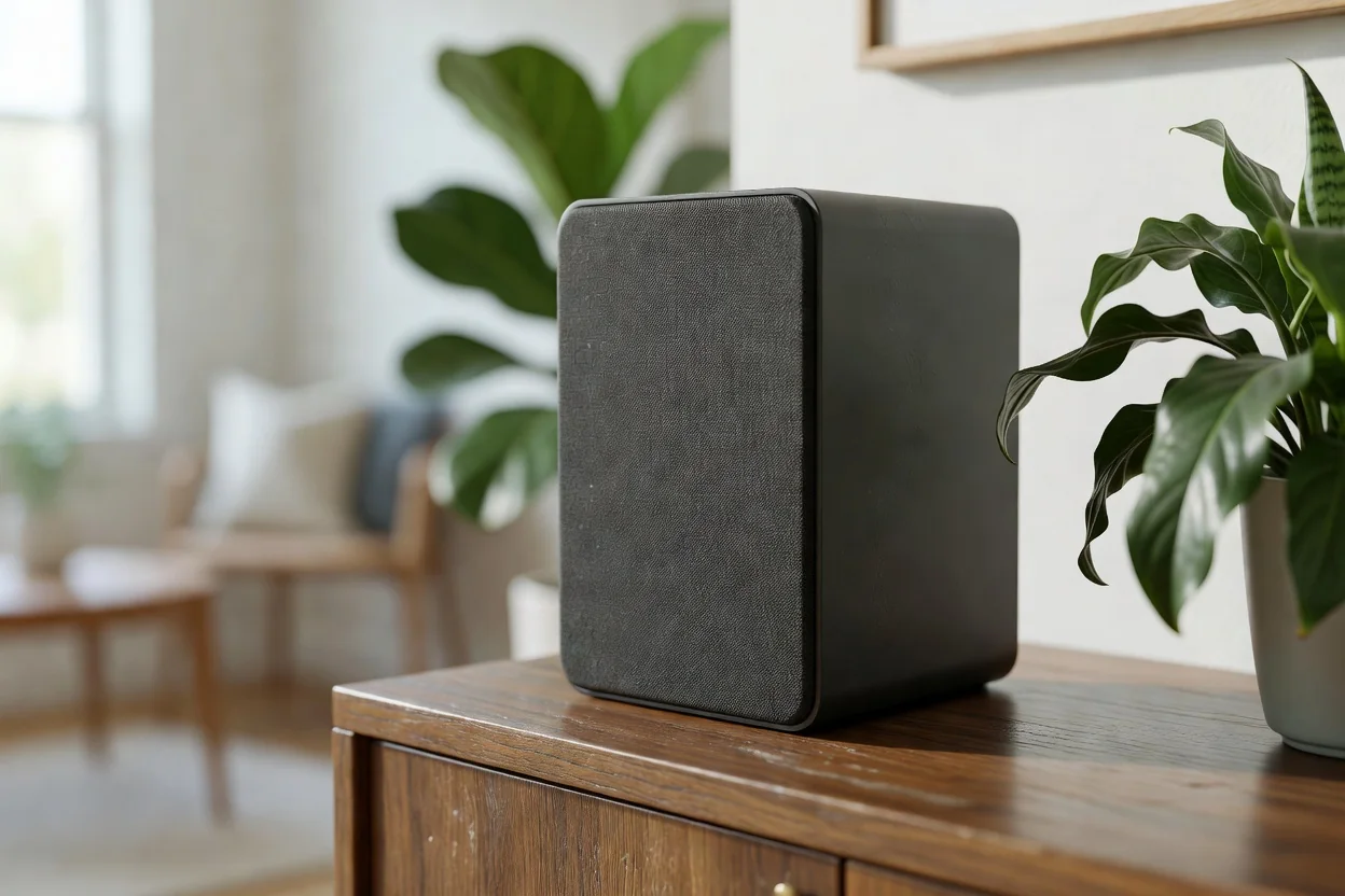 Rozmieszczenie głośników stereo w salonie z soundbarem pod telewizorem i przenośnym głośnikiem Bluetooth na półce