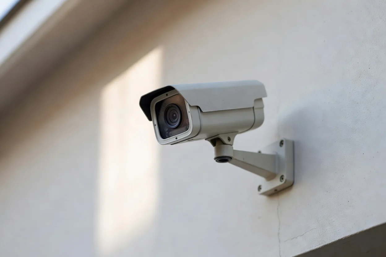 Kamery monitoringu zewnętrzne i wewnętrzne zamontowane na elewacji domu oraz w garażu