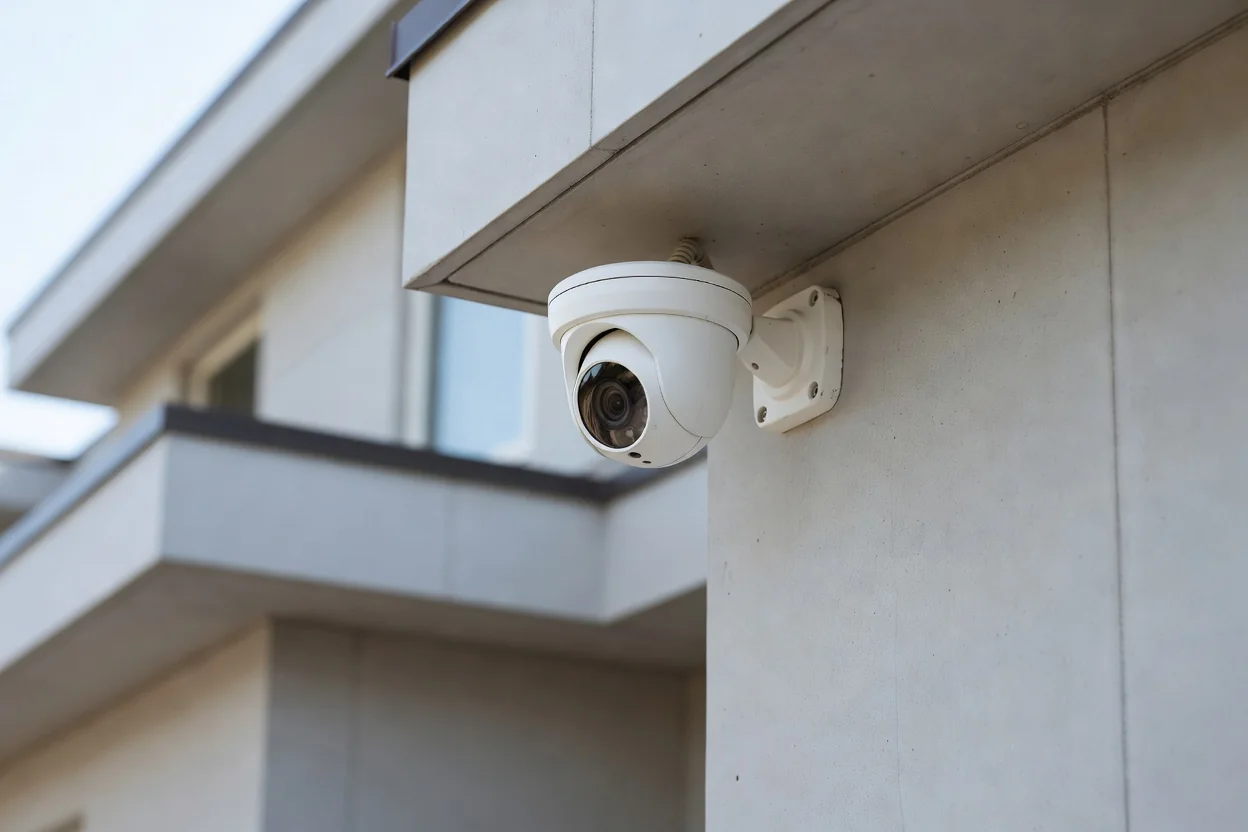 Kamera monitoringu na elewacji domu jednorodzinnego z widoczną tabliczką informacyjną