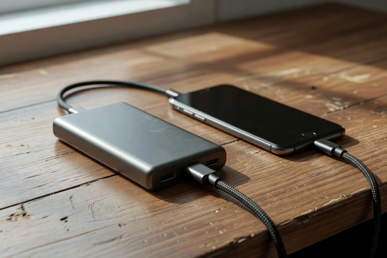 Powerbank Anker i kabel USB-C ładujące smartfona Samsung na biurku