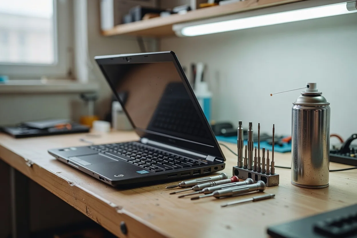 Technik w białych rękawiczkach czyści sprężonym powietrzem wnętrze otwartego laptopa na warsztacie