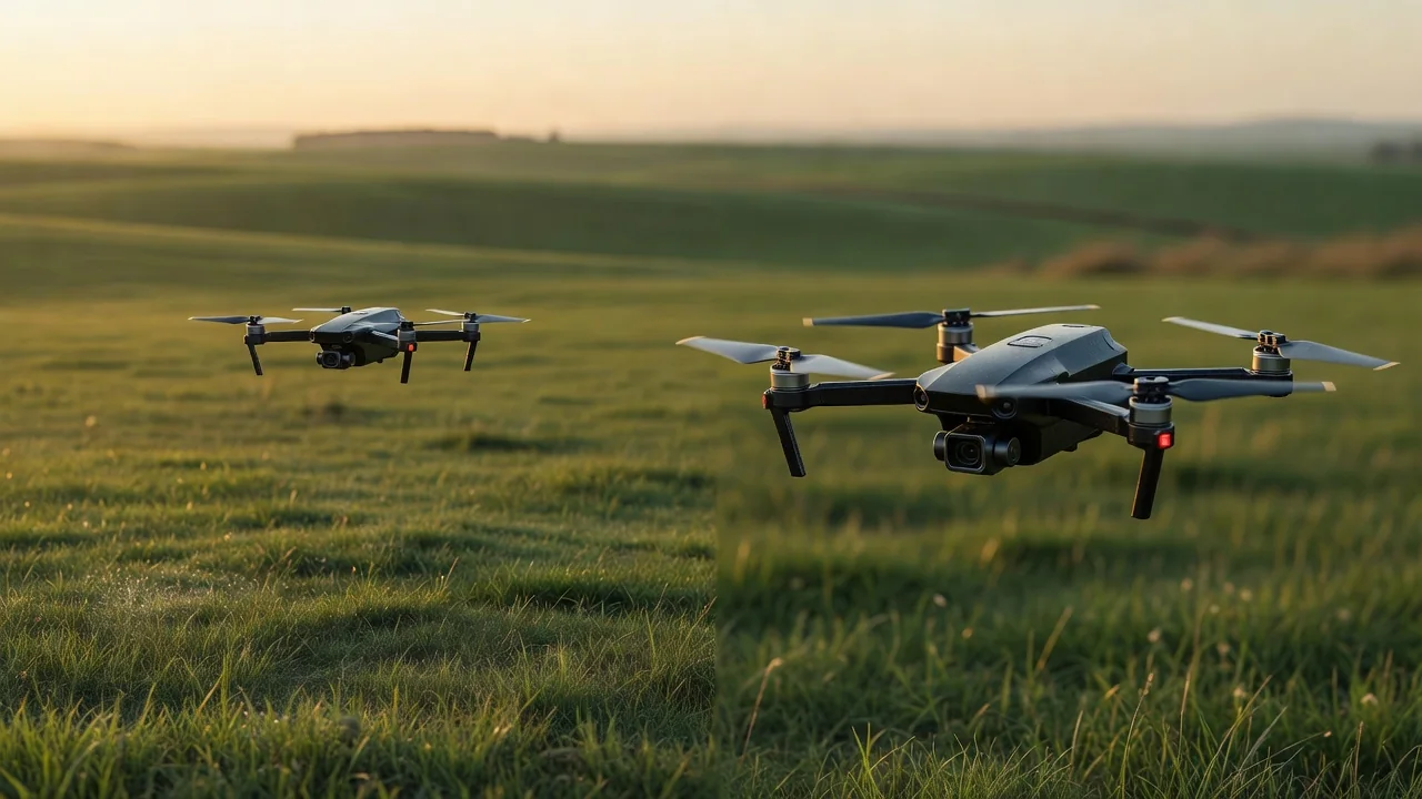 Dron DJI Mini 4 Pro lecący nad polami w Polsce z widoczną aplikacją DroneRadar na tablecie